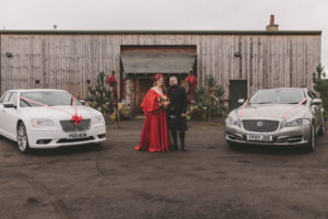 Wedding cars, bride and groom