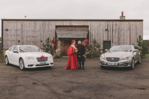 Wedding cars, bride and groom